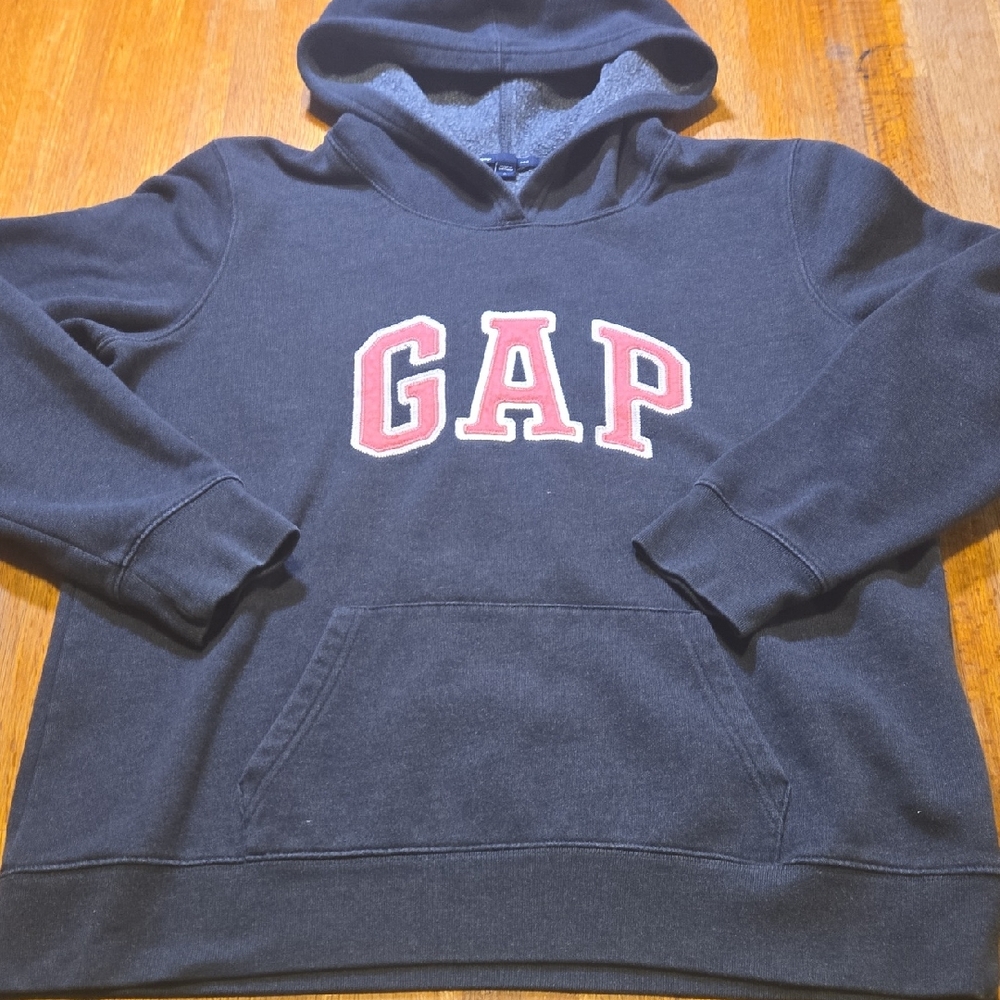 GAP Women Large Dark Gray Embroidered Stitch Pink Logo‎ Pullover Pocket Hoodie